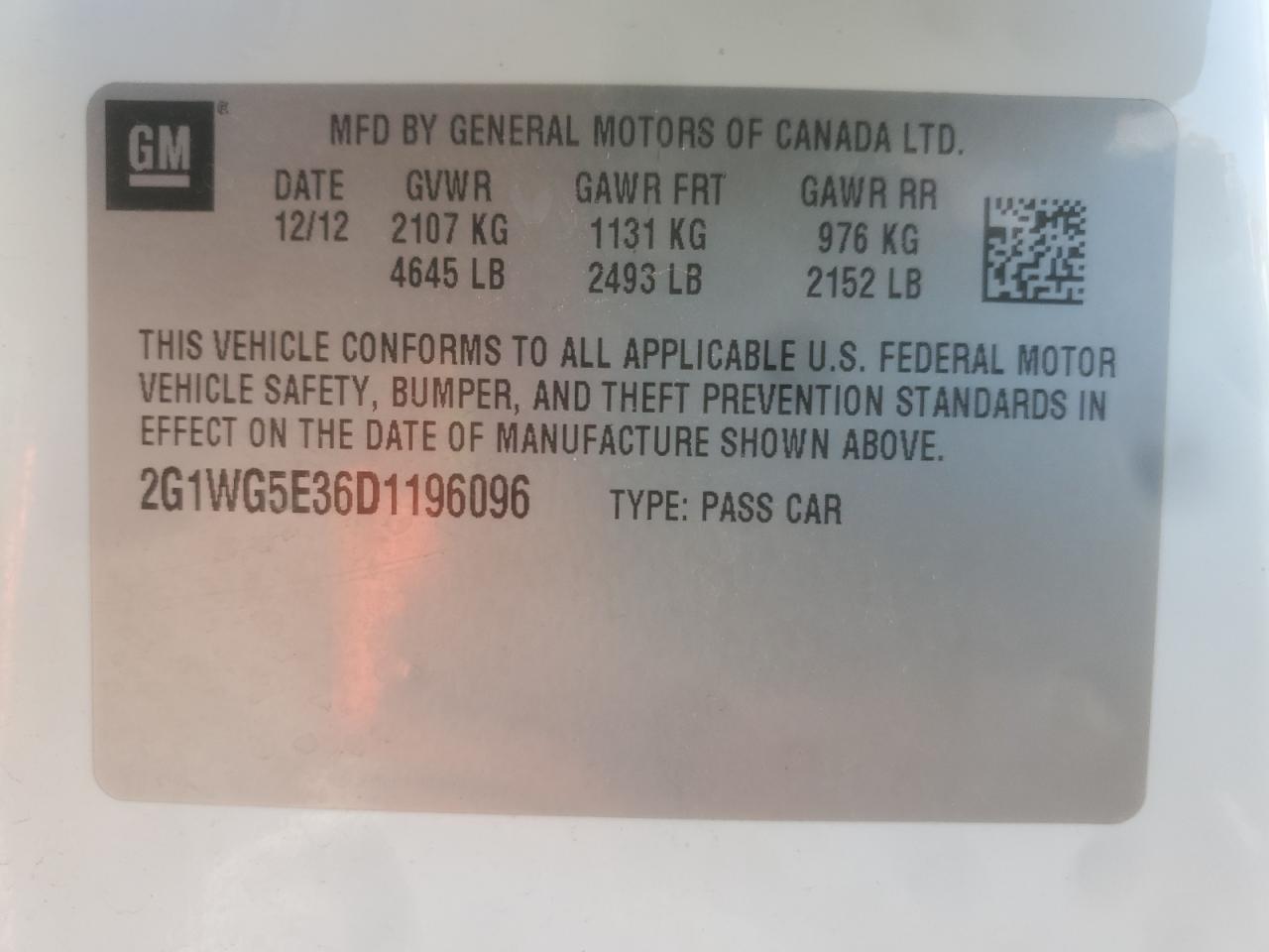 2013 Chevrolet Impala Lt VIN: 2G1WG5E36D1196096 Lot: 85501845