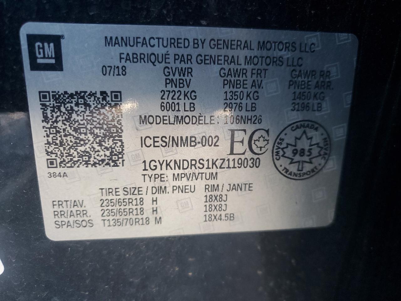 2019 Cadillac Xt5 Luxury VIN: 1GYKNDRS1KZ119030 Lot: 89489775