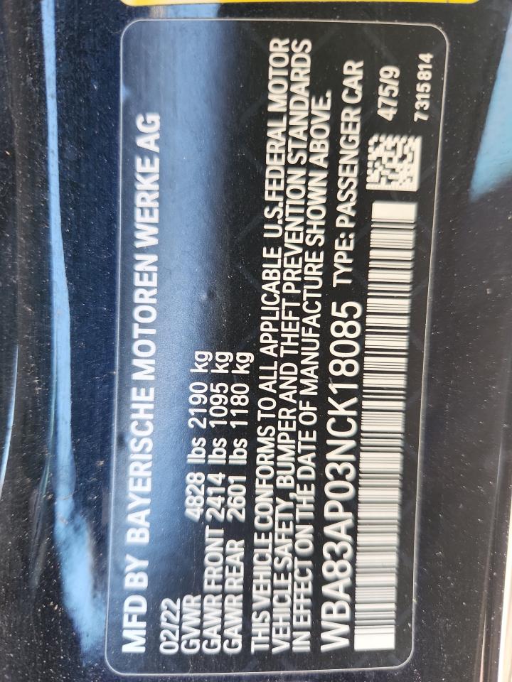 2022 BMW M440I VIN: WBA83AP03NCK18085 Lot: 84061385