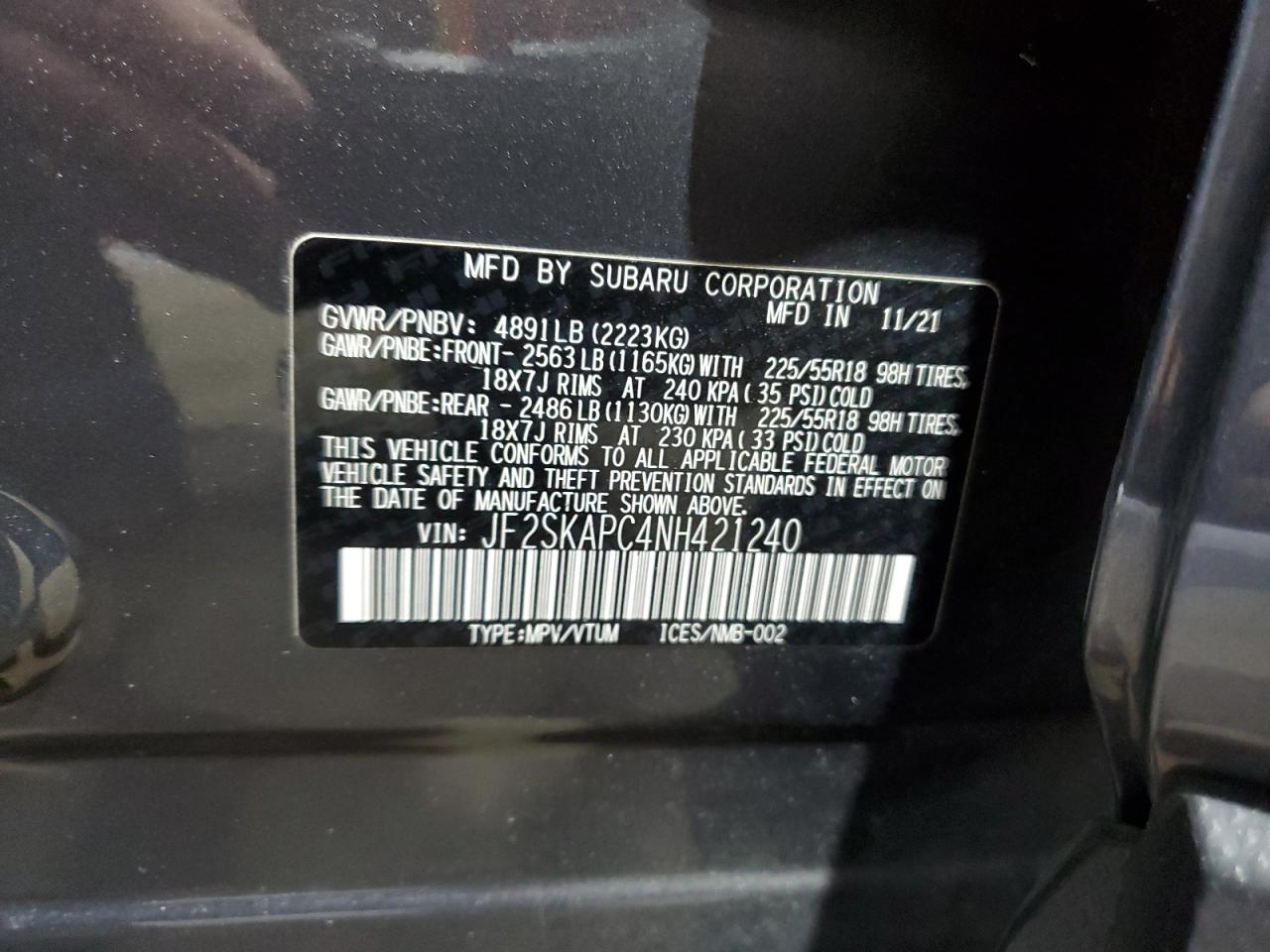 2022 Subaru Forester Limited VIN: JF2SKAPC4NH421240 Lot: 85000305