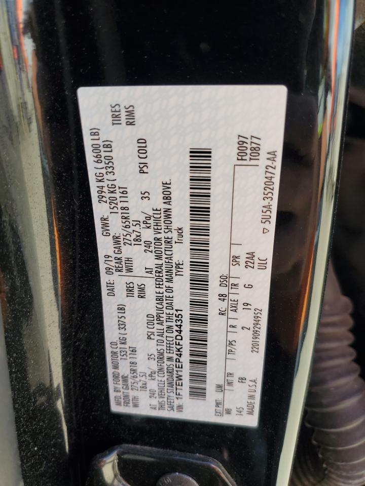 2019 Ford F150 Supercrew VIN: 1FTEW1EP4KFD44351 Lot: 84628795