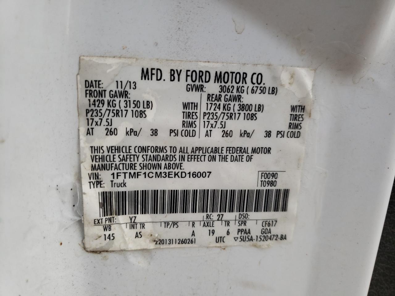 2014 Ford F150 VIN: 1FTMF1CM3EKD16007 Lot: 82383735