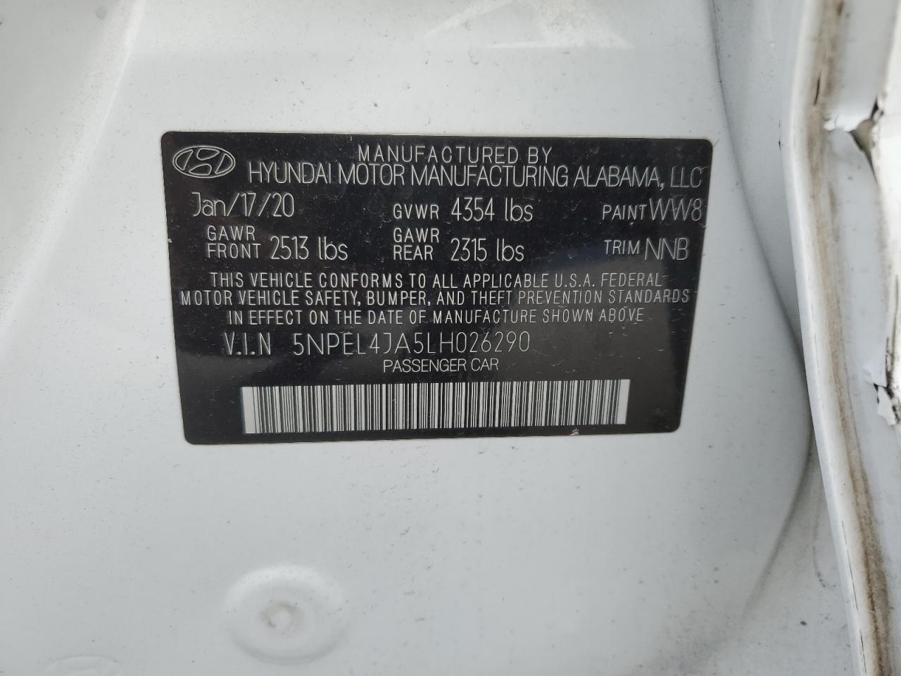 2020 Hyundai Sonata Sel VIN: 5NPEL4JA5LH026290 Lot: 86178055