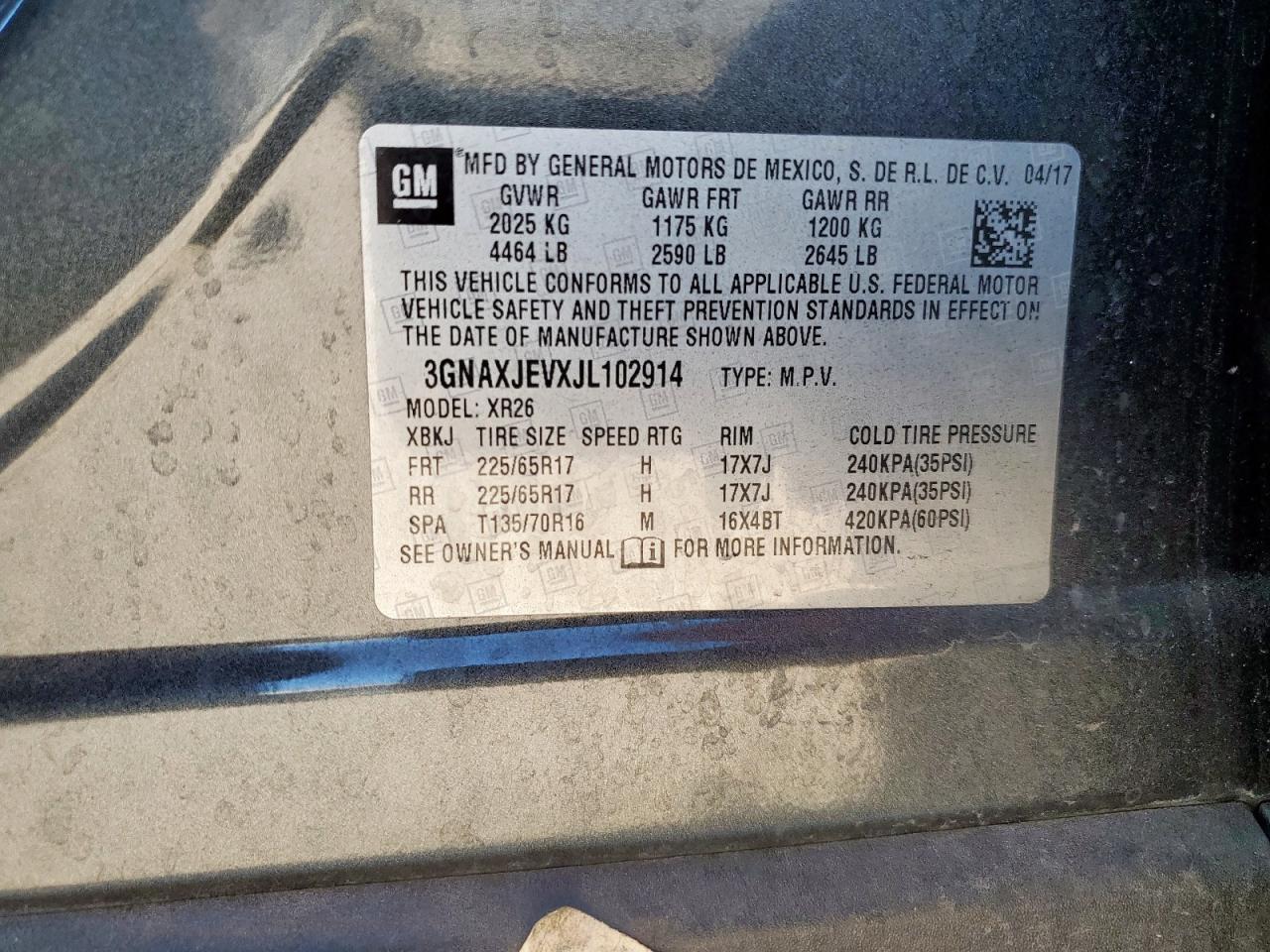 2018 Chevrolet Equinox Lt VIN: 3GNAXJEVXJL102914 Lot: 86061605