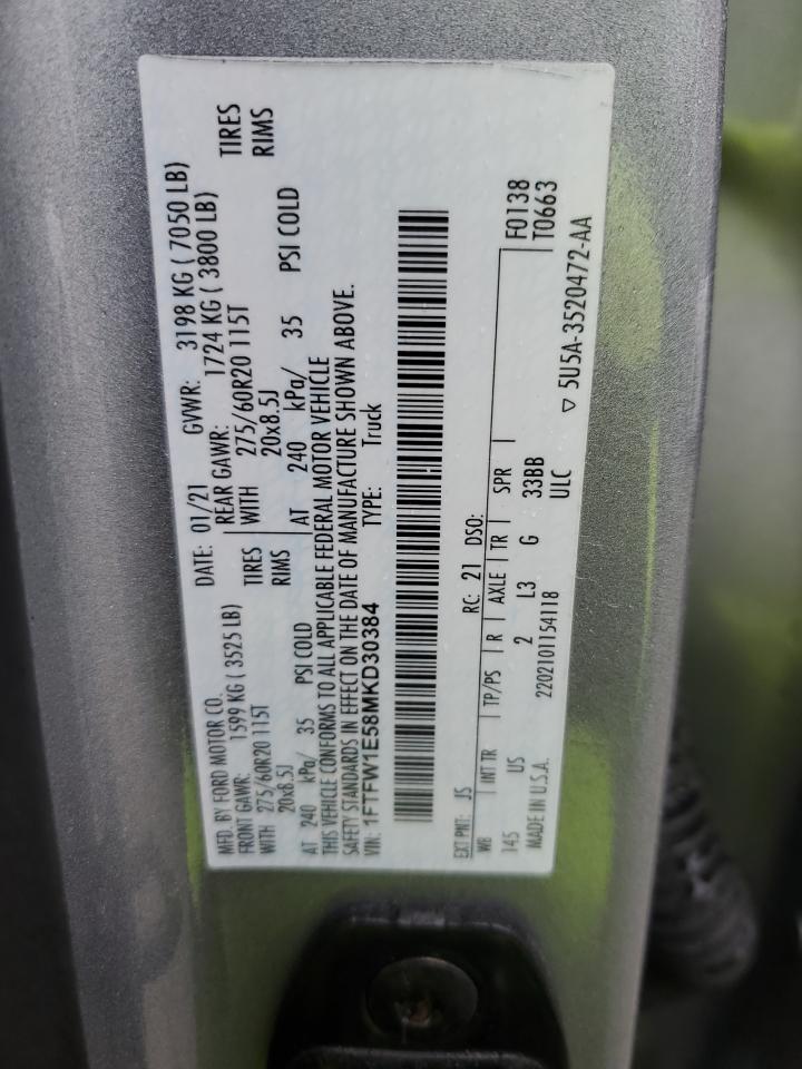2021 Ford F150 Supercrew VIN: 1FTFW1E58MKD30384 Lot: 90032865