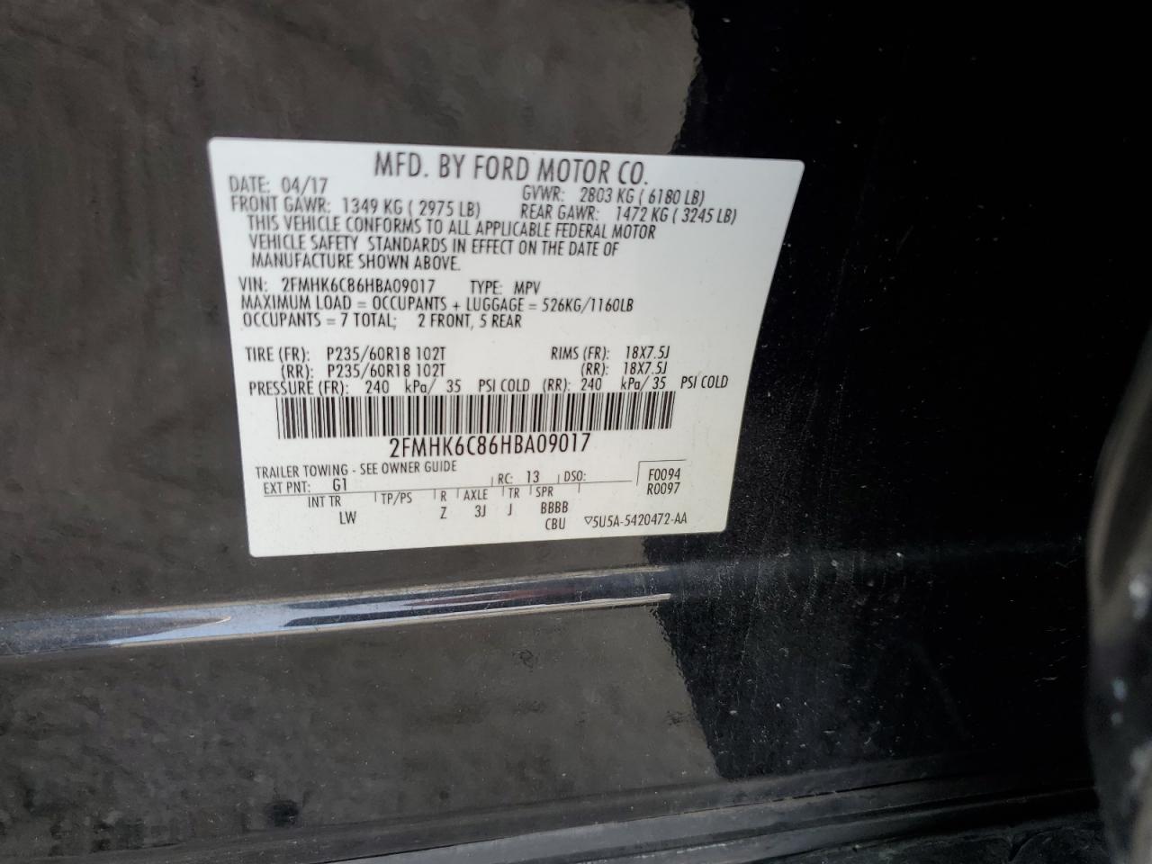 2017 Ford Flex Sel VIN: 2FMHK6C86HBA09017 Lot: 86126865