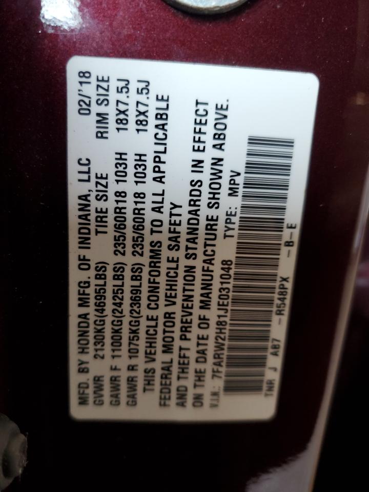 2018 Honda Cr-V Exl VIN: 7FARW2H81JE031048 Lot: 85487425