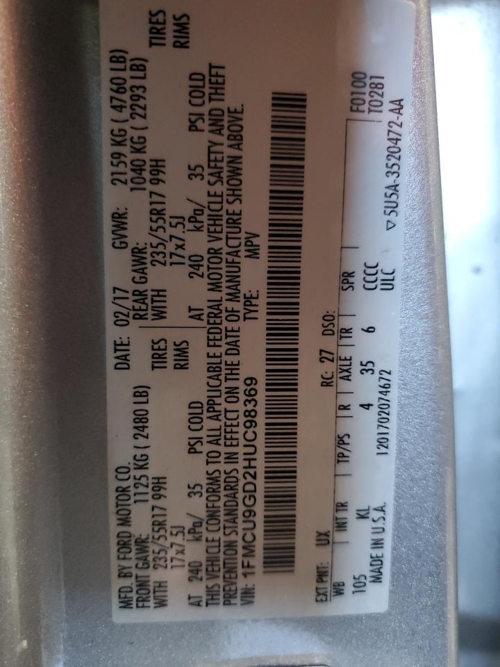 2017 Ford Escape Se VIN: 1FMCU9GD2HUC98369 Lot: 85267035