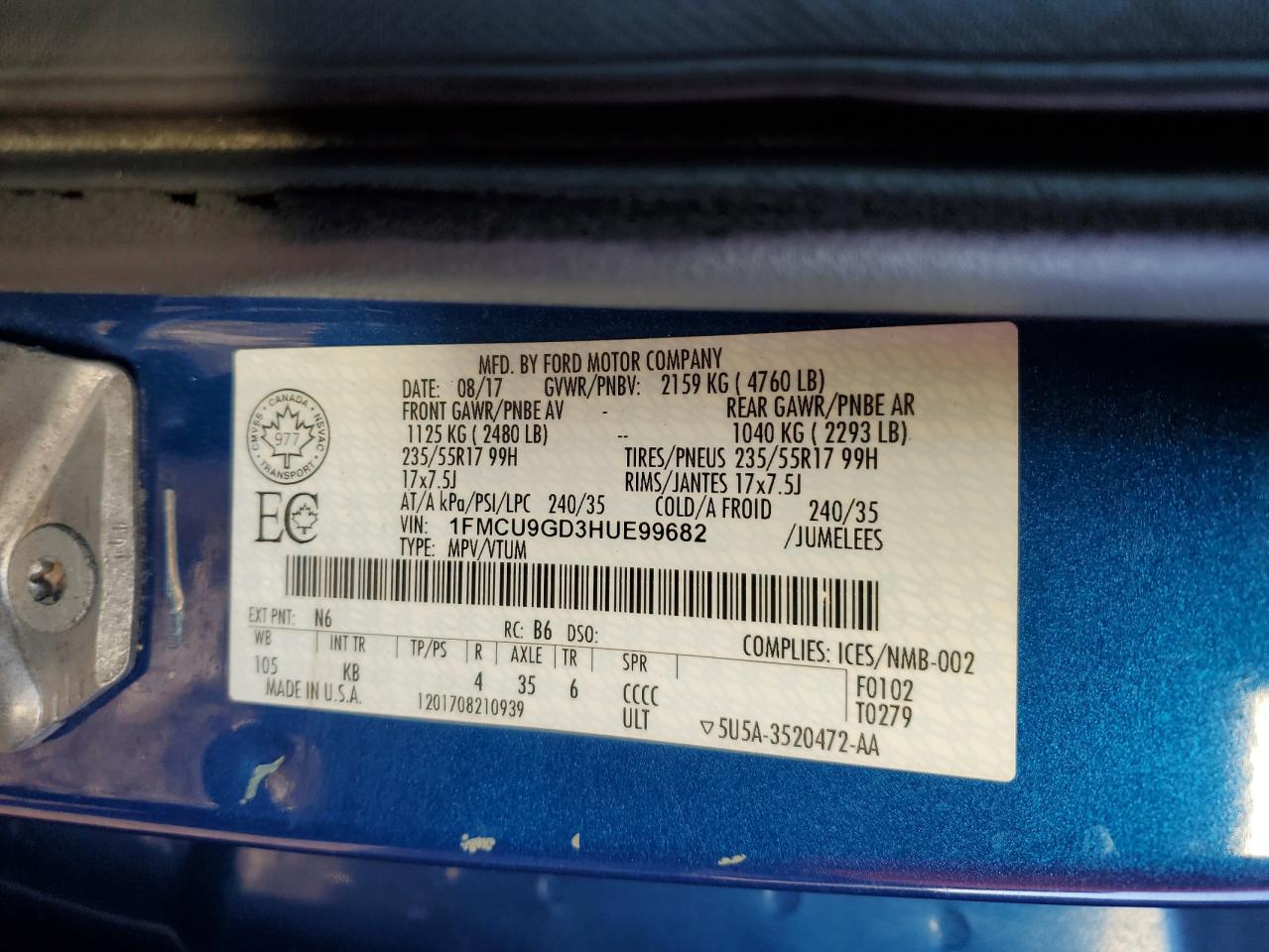 2017 Ford Escape Se VIN: 1FMCU9GD3HUE99682 Lot: 86876475