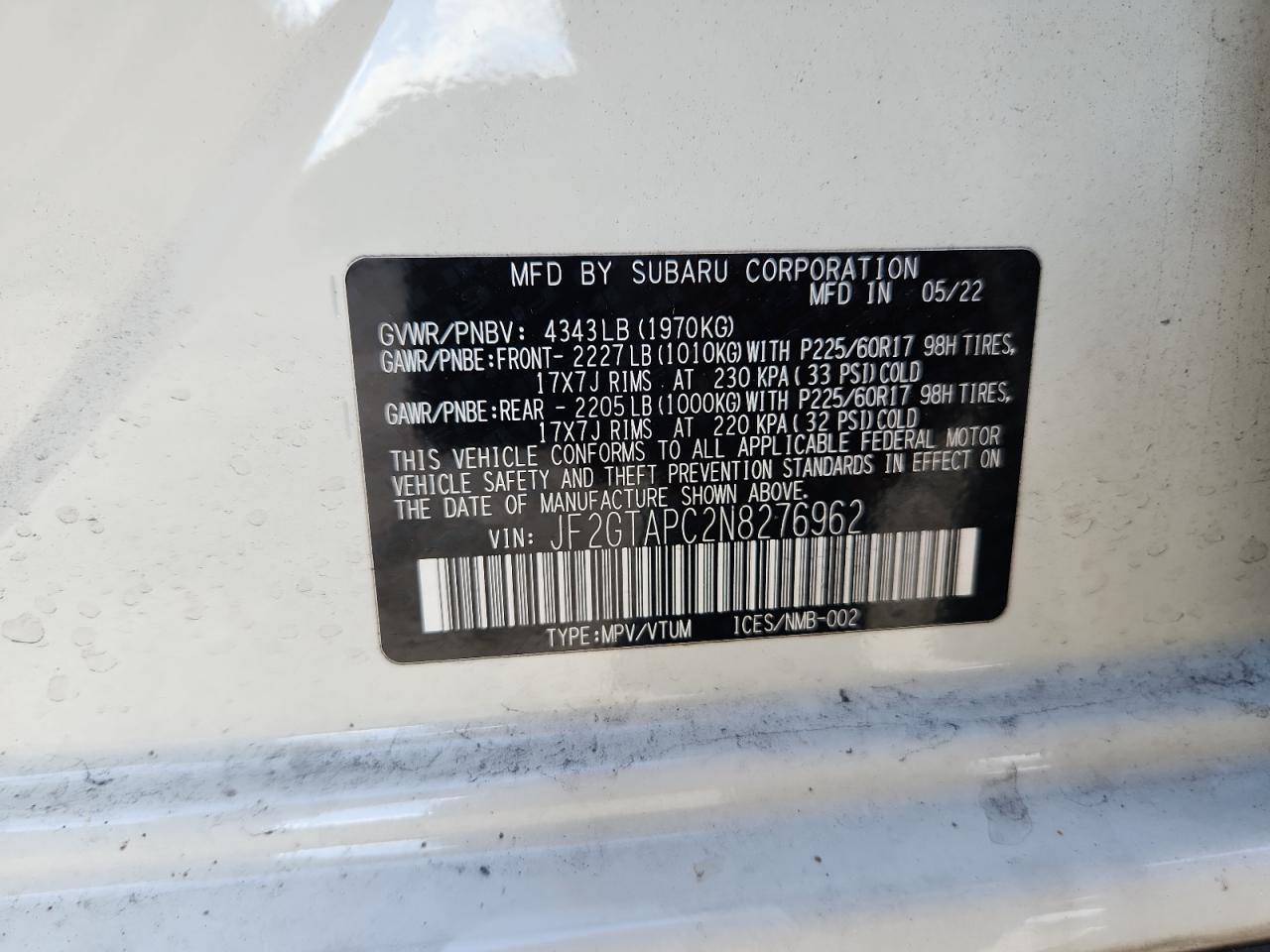 2022 Subaru Crosstrek Premium VIN: JF2GTAPC2N8276962 Lot: 82270915