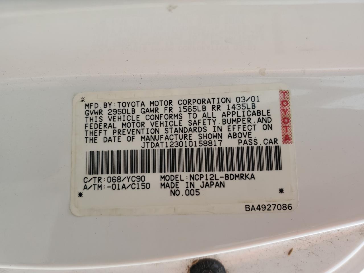 2001 Toyota Echo VIN: JTDAT123010158817 Lot: 82382825