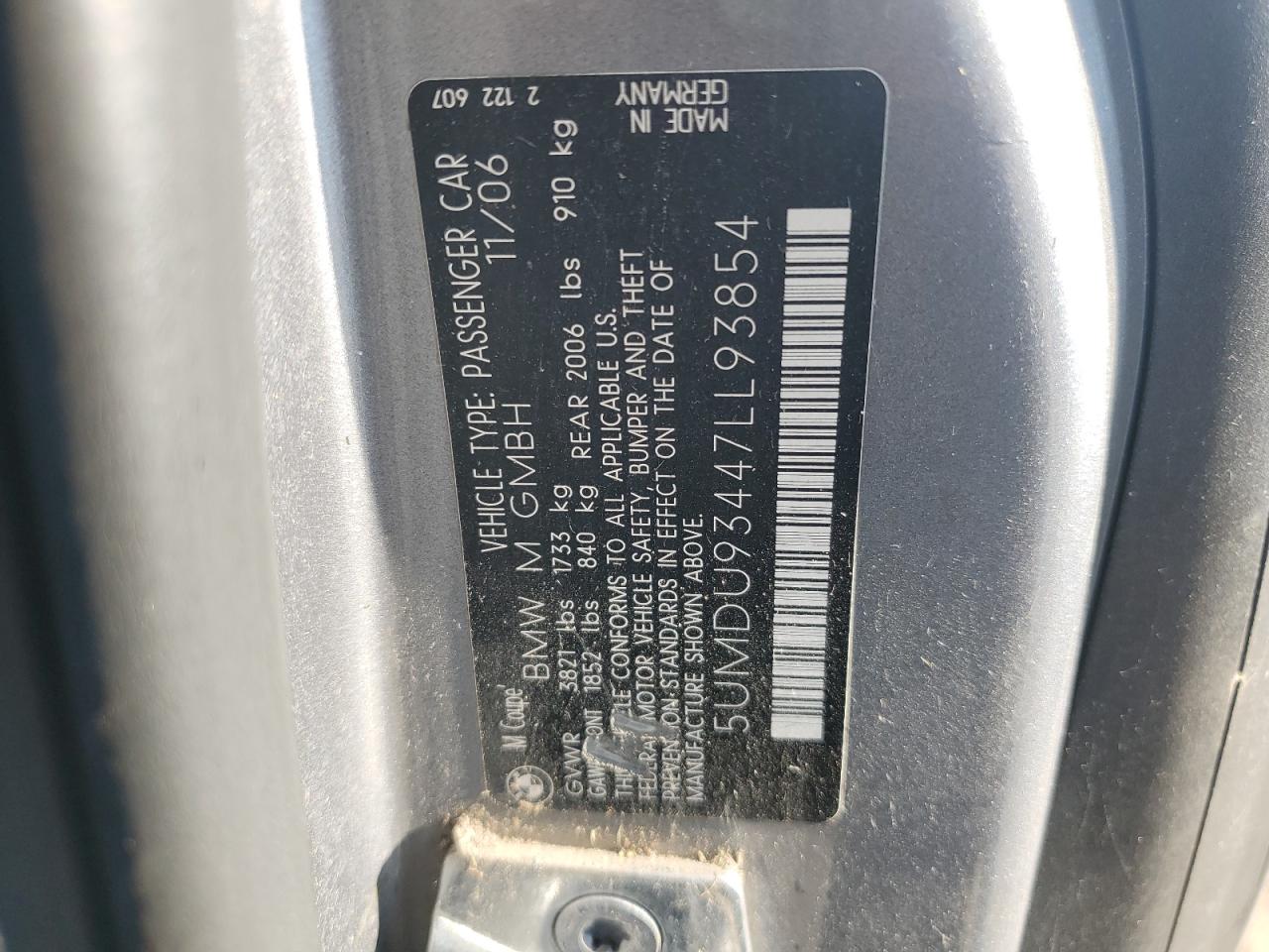 2007 BMW M Coupe VIN: 5UMDU93447LL93854 Lot: 86672955