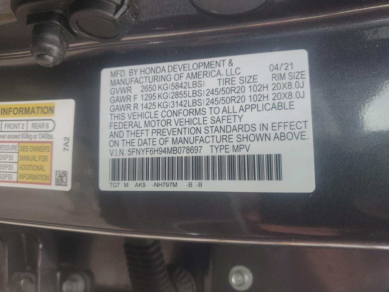 2021 Honda Pilot Touring VIN: 5FNYF6H94MB078697 Lot: 86314115