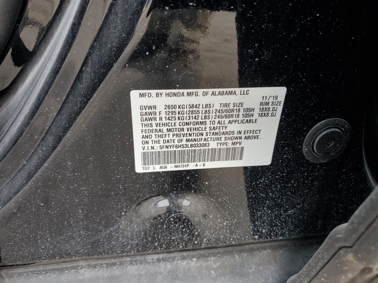 2020 Honda Pilot Exl VIN: 5FNYF6H53LB033083 Lot: 90264955