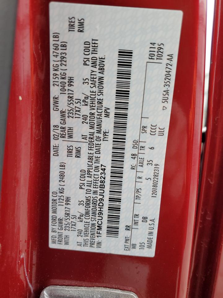 2018 Ford Escape Sel VIN: 1FMCU9HD9JUB82347 Lot: 89588075