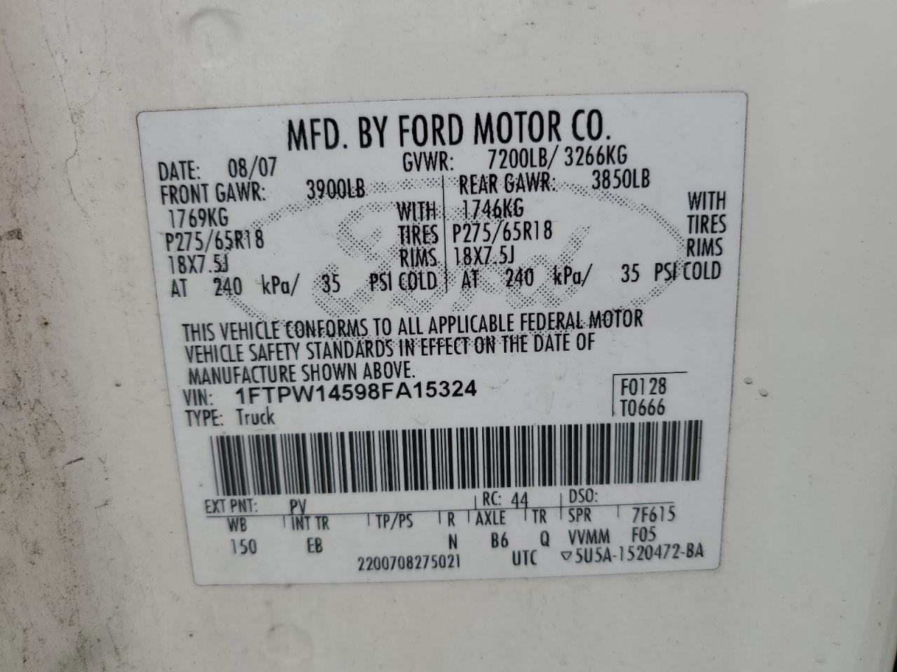 2008 Ford F150 Supercrew VIN: 1FTPW14598FA15324 Lot: 82540815