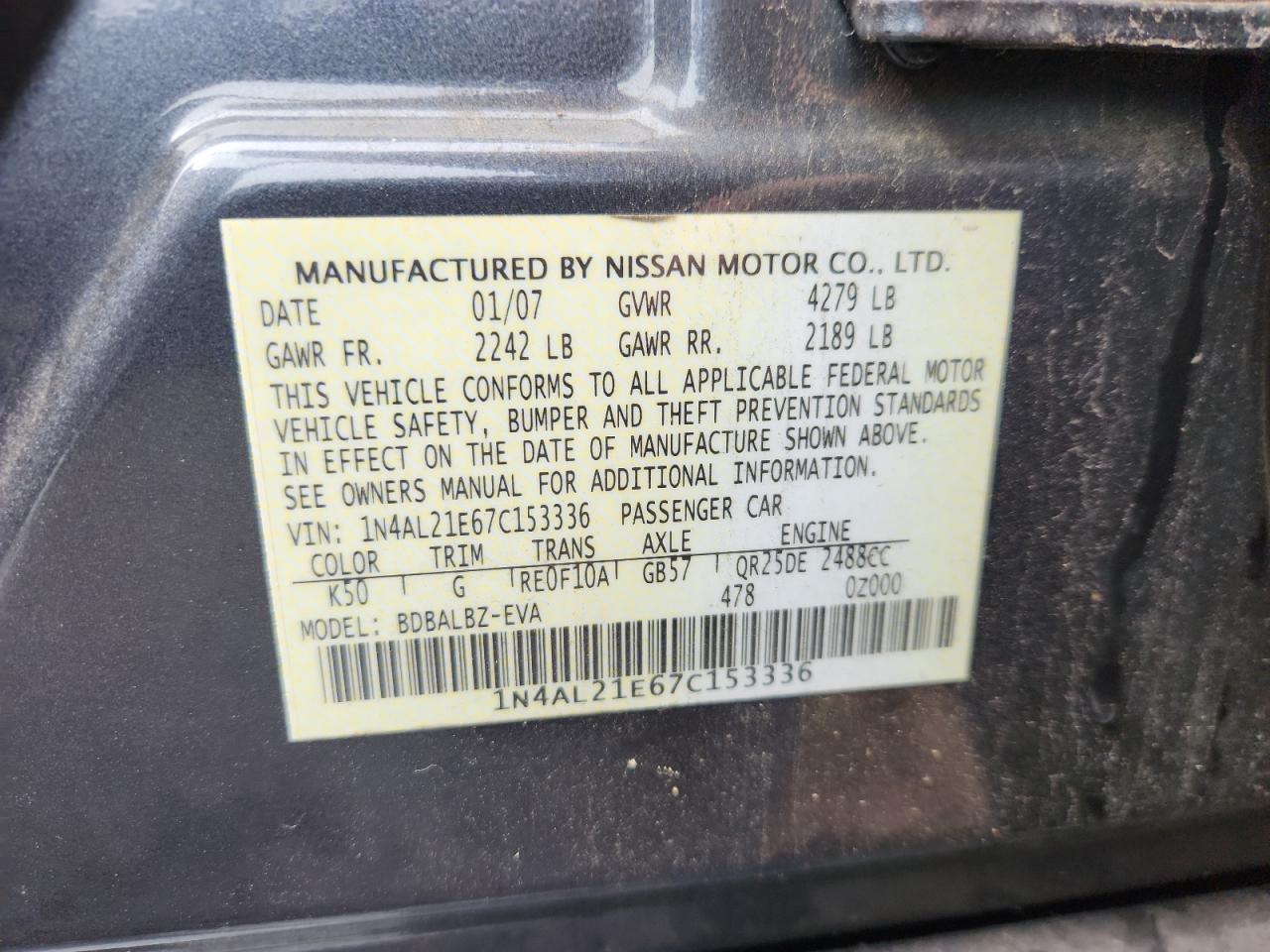 2007 Nissan Altima 2.5 VIN: 1N4AL21E67C153336 Lot: 84922895