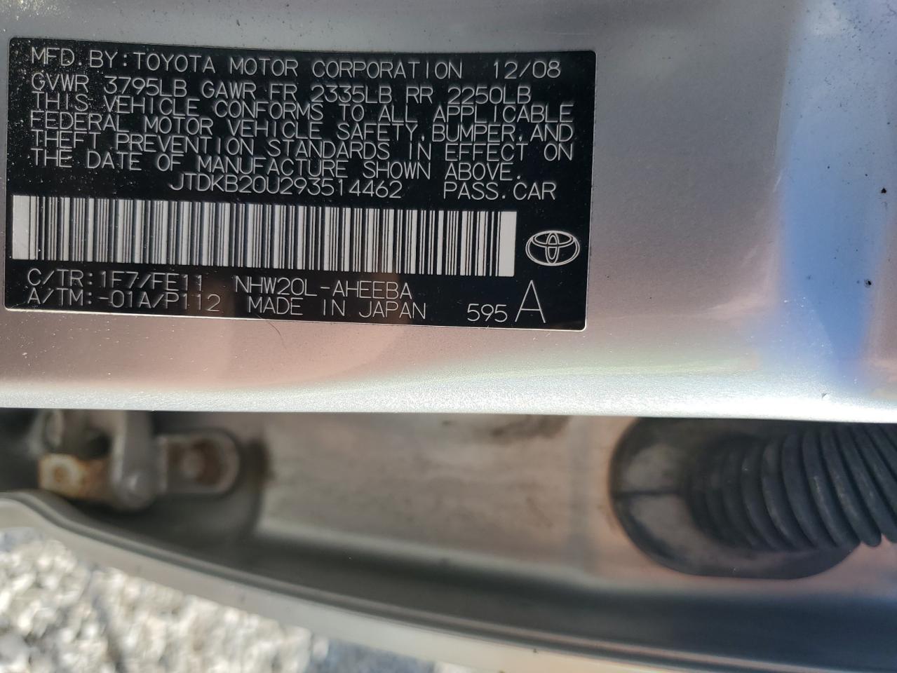 2009 Toyota Prius VIN: JTDKB20U293514462 Lot: 86158405