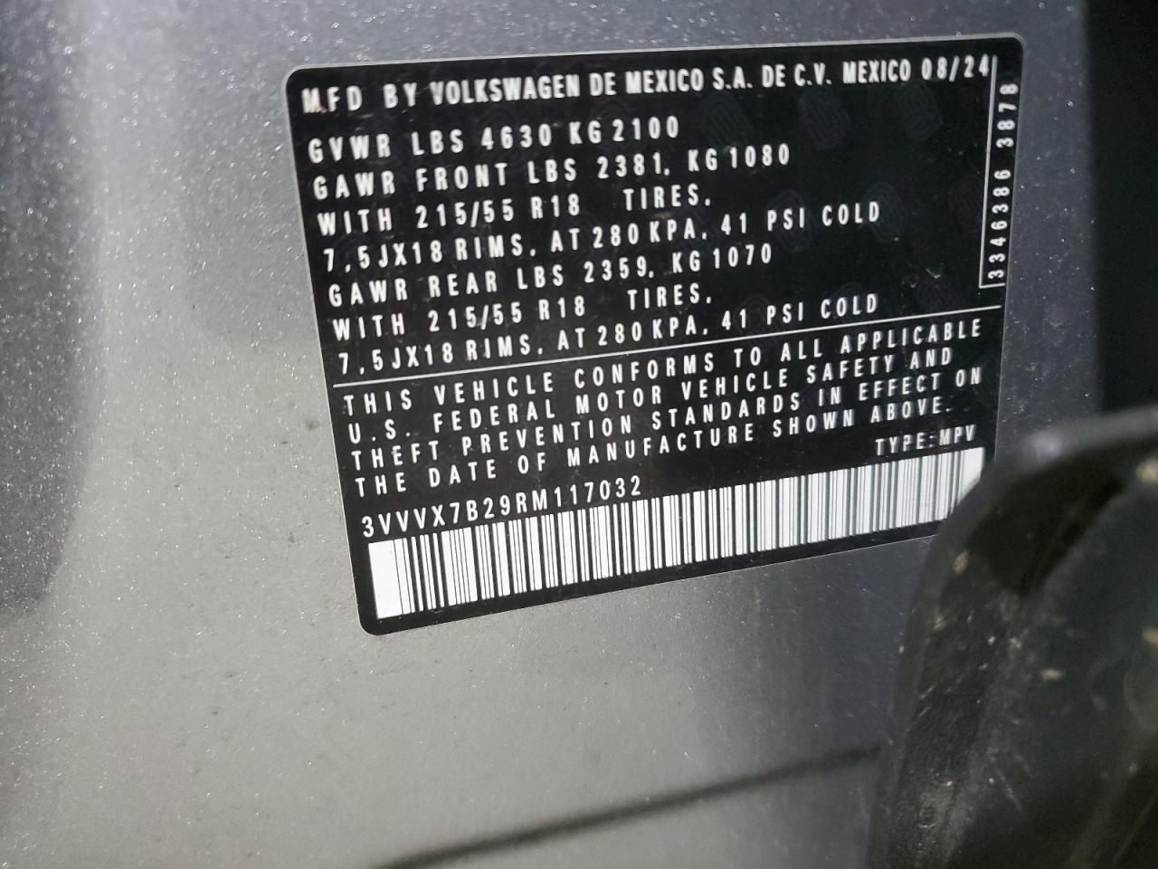 2024 Volkswagen Taos Se VIN: 3VVVX7B29RM117032 Lot: 85489245