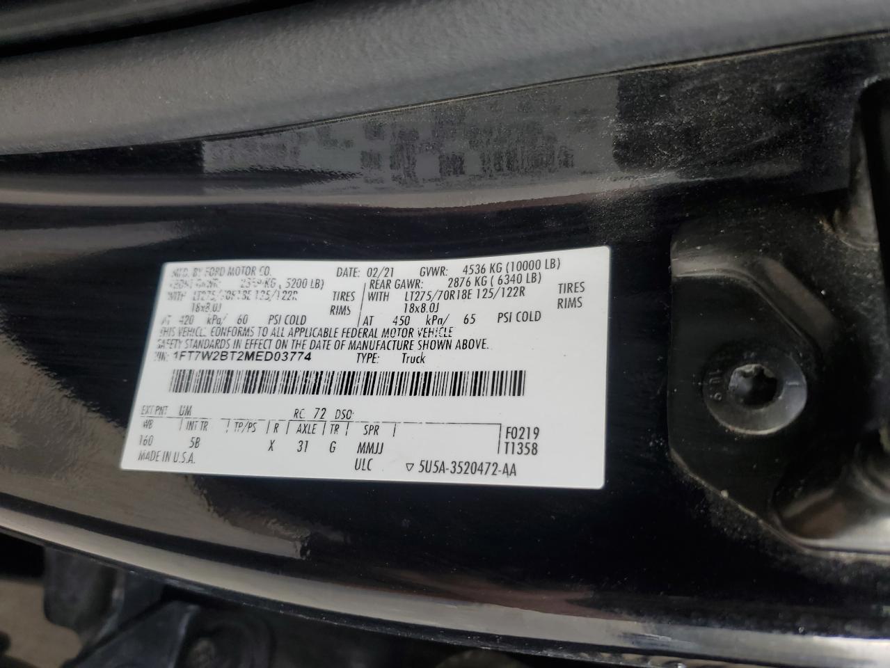 2021 Ford F250 Super Duty VIN: 1FT7W2BT2MED03774 Lot: 86854695