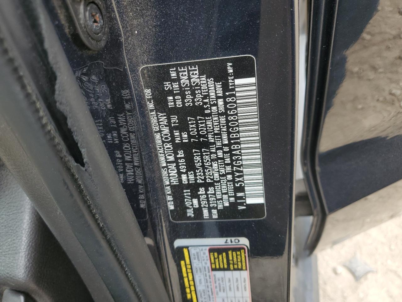 2011 Hyundai Santa Fe Gls VIN: 5XYZG3AB1BG086081 Lot: 82450225