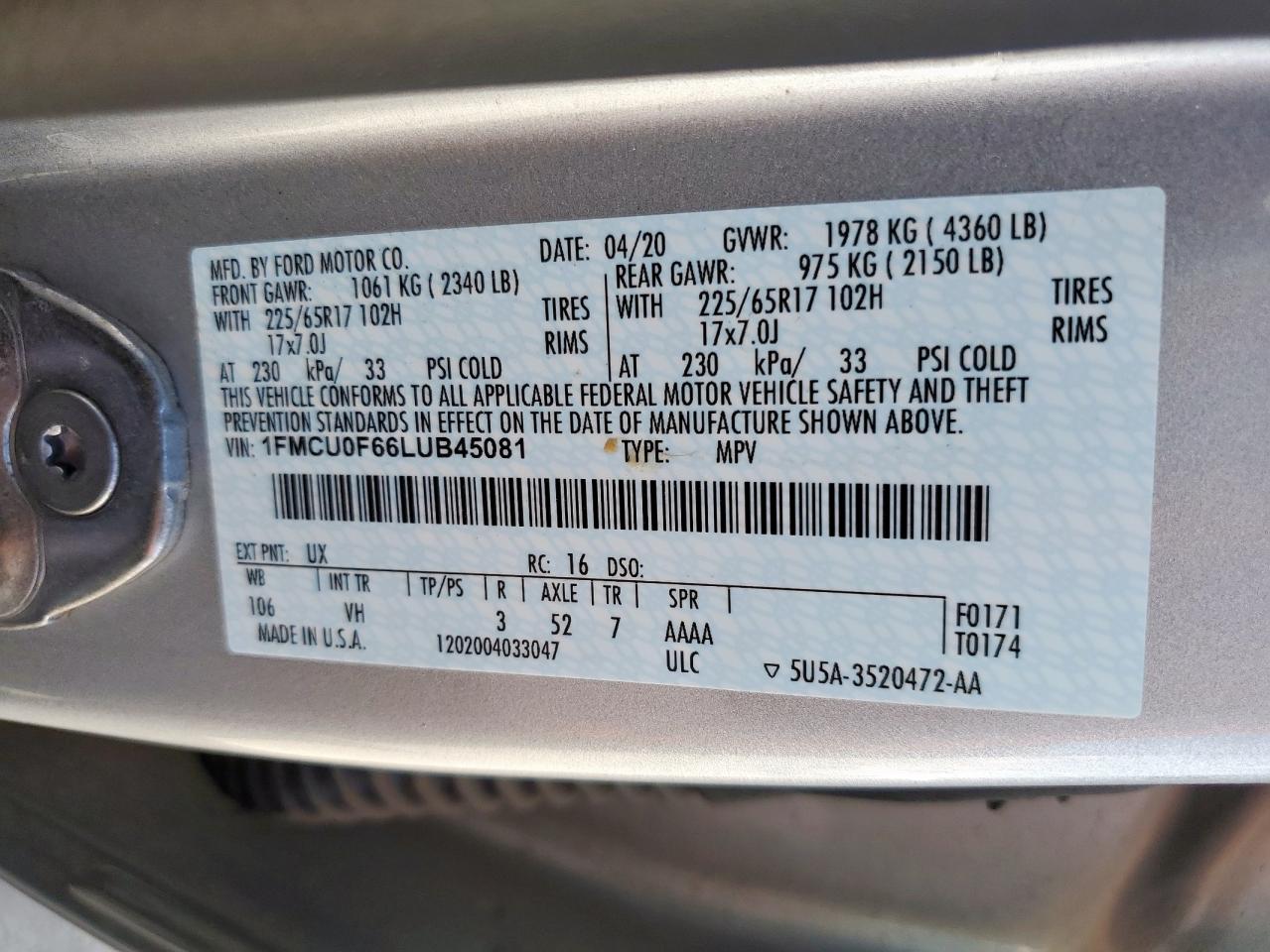 2020 Ford Escape S VIN: 1FMCU0F66LUB45081 Lot: 86321845