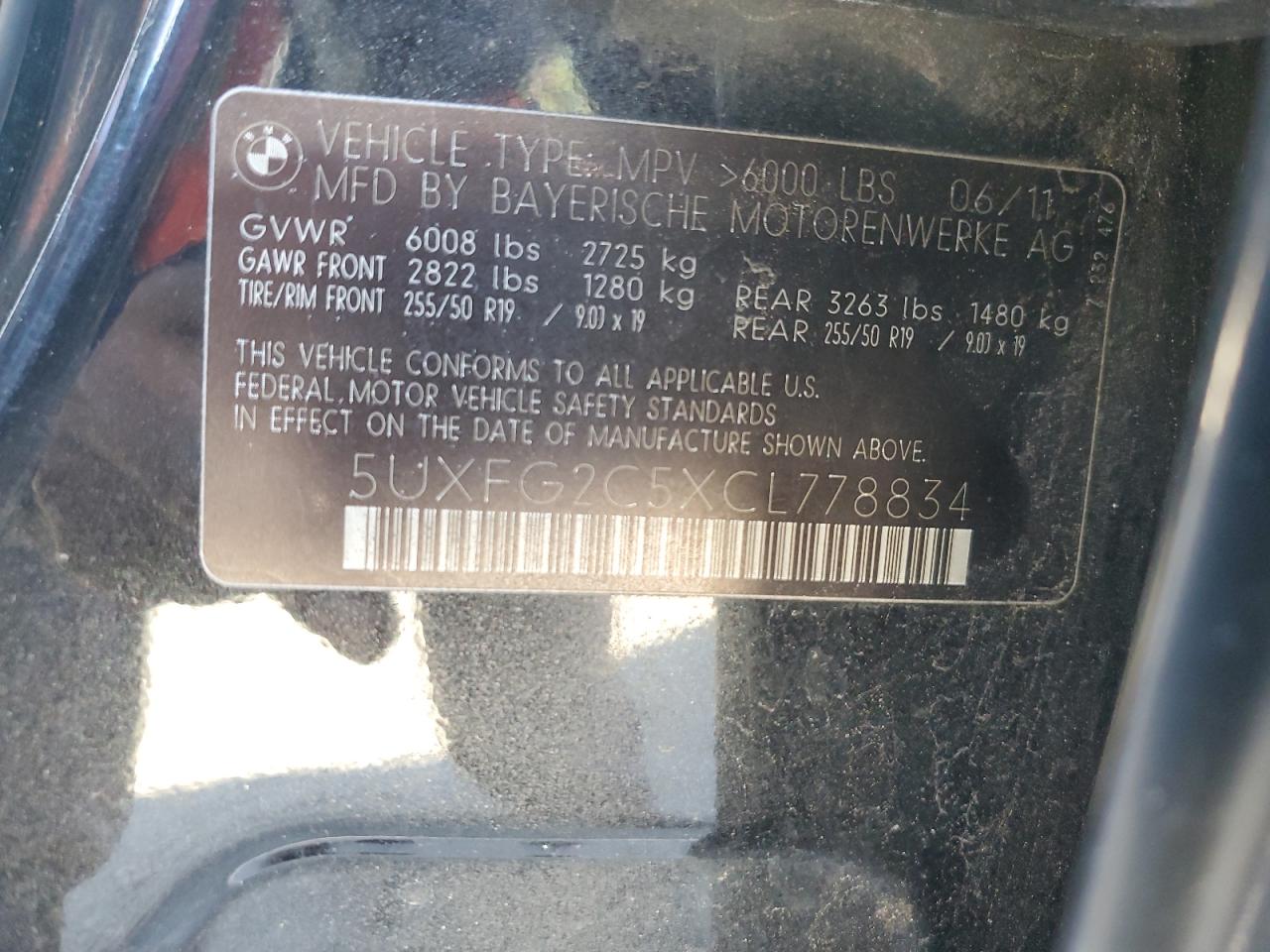 2012 BMW X6 xDrive35I VIN: 5UXFG2C5XCL778834 Lot: 82565305