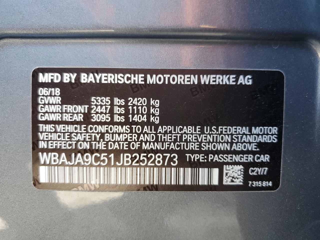 2018 BMW 530E VIN: WBAJA9C51JB252873 Lot: 82236915