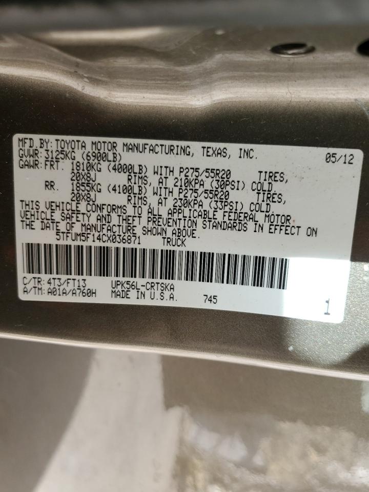 2012 Toyota Tundra Double Cab Sr5 VIN: 5TFUM5F14CX036871 Lot: 82232925