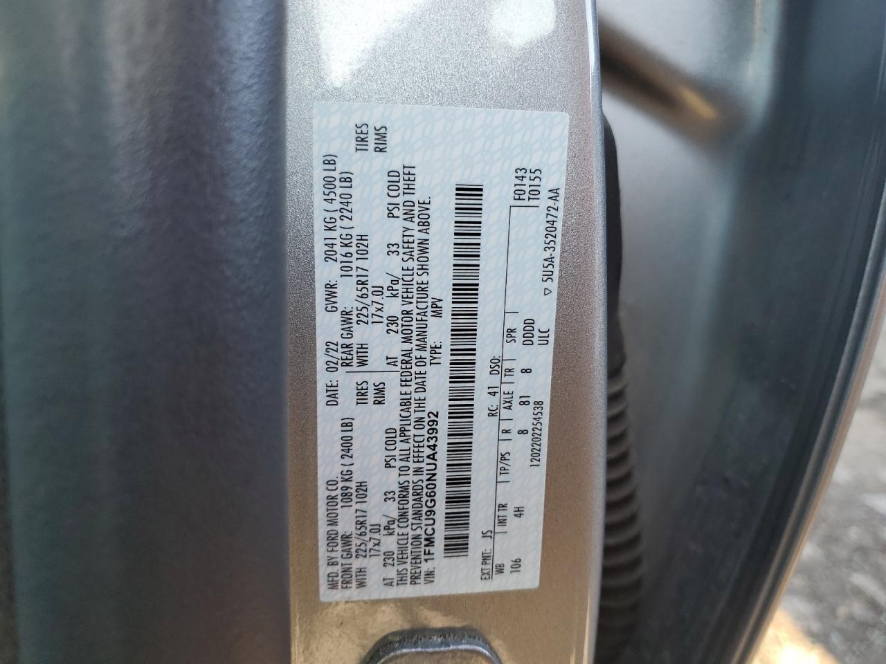 2022 Ford Escape Se VIN: 1FMCU9G60NUA43992 Lot: 84743505