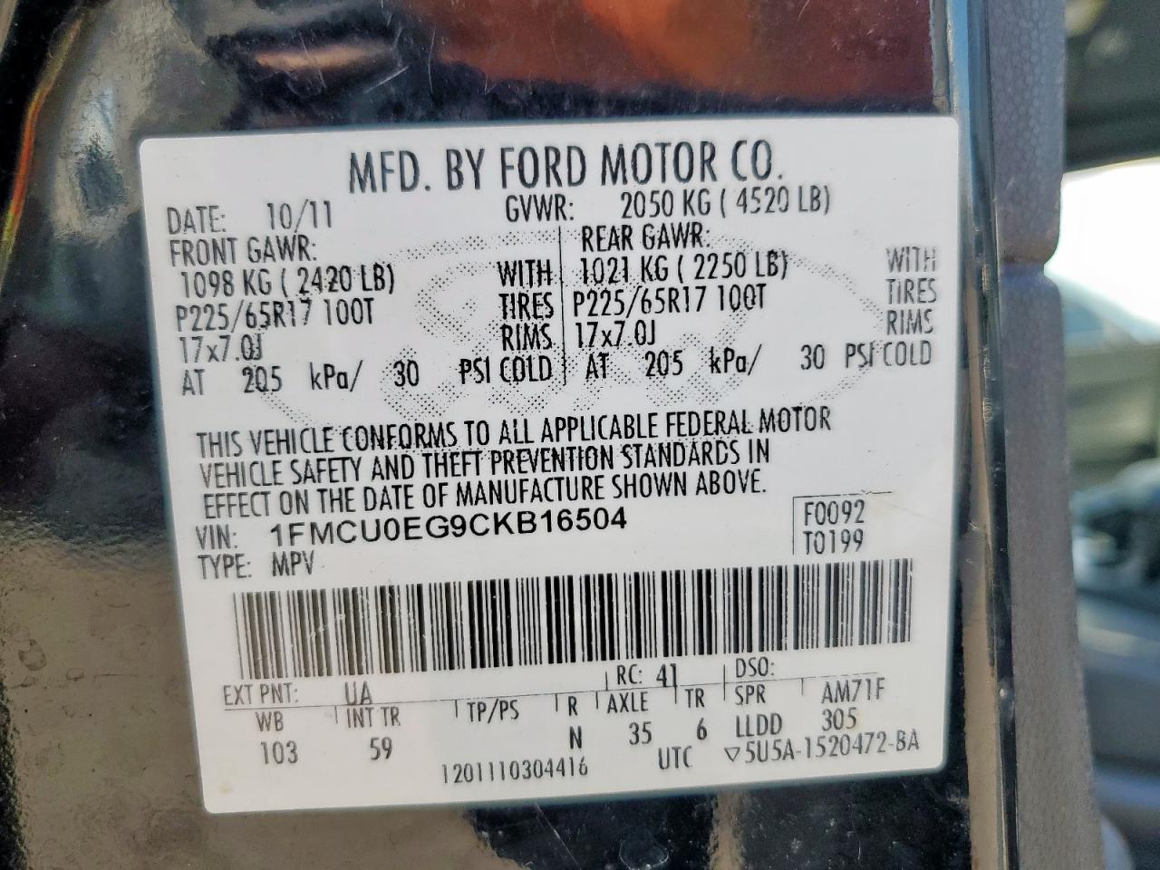 2012 Ford Escape Limited VIN: 1FMCU0EG9CKB16504 Lot: 85679805