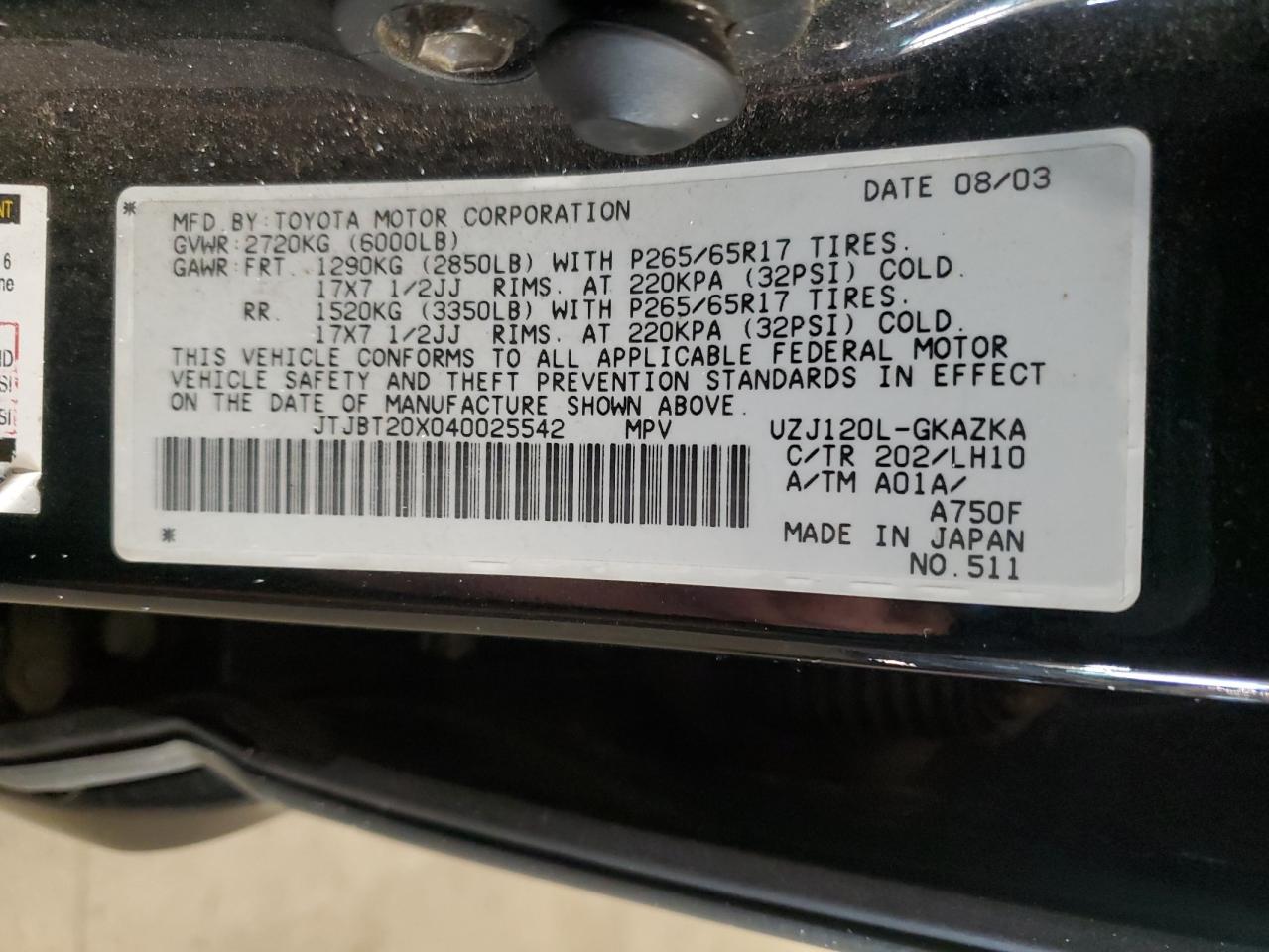 2004 Lexus Gx 470 VIN: JTJBT20X040025542 Lot: 85642795