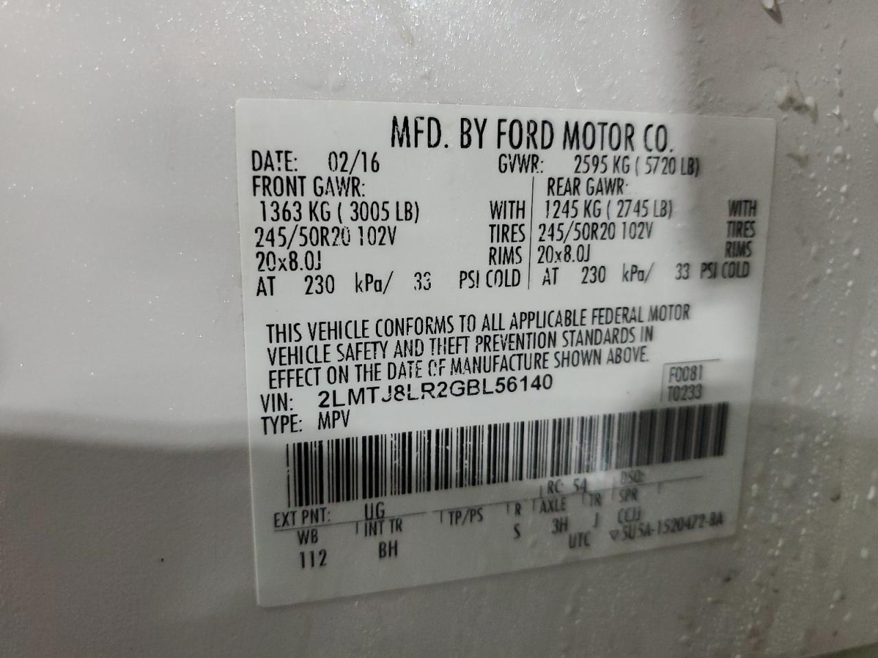 2016 Lincoln Mkx Reserve VIN: 2LMTJ8LR2GBL56140 Lot: 86179645