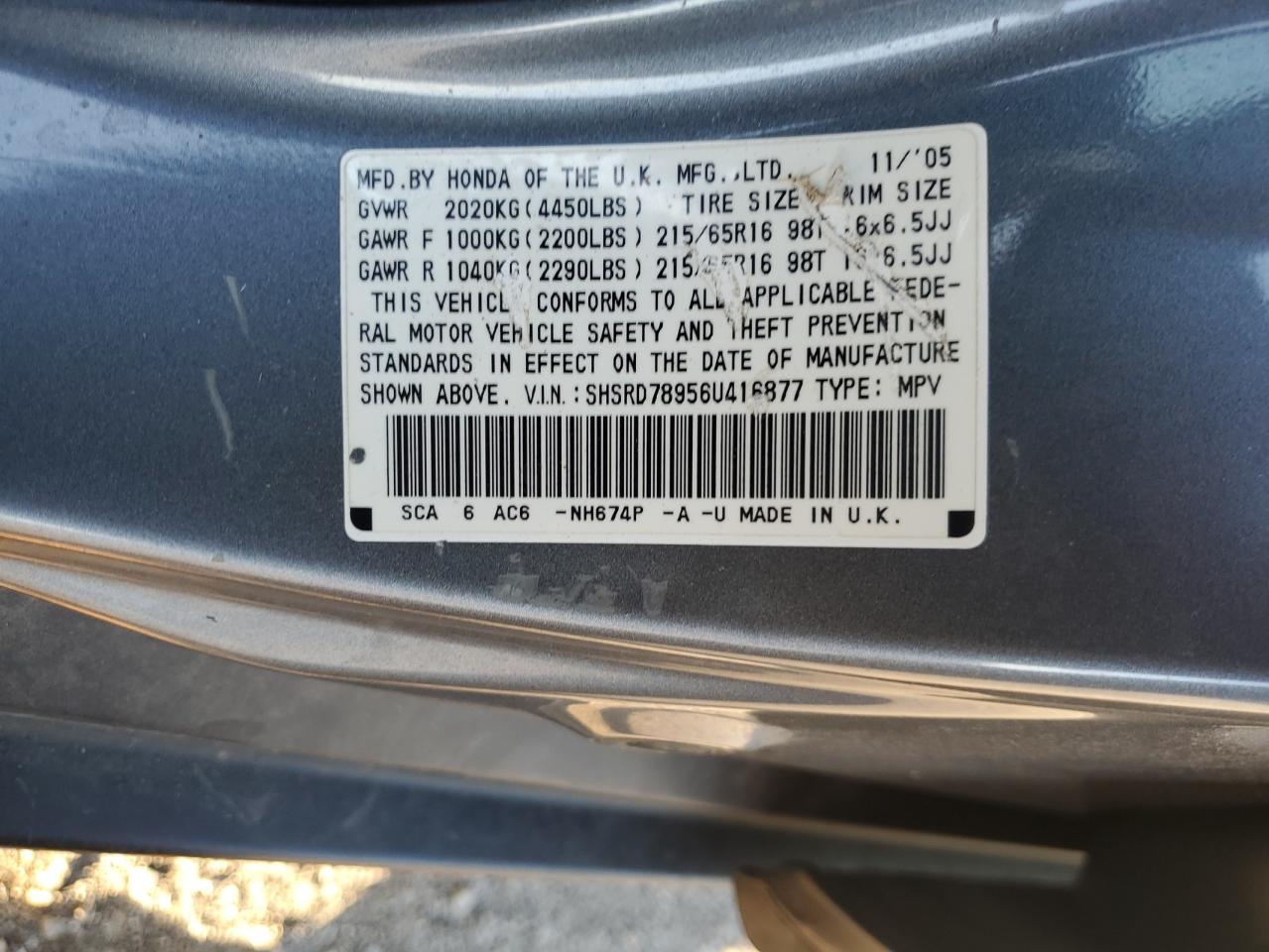 2006 Honda Cr-V Se VIN: SHSRD78956U416877 Lot: 87280345