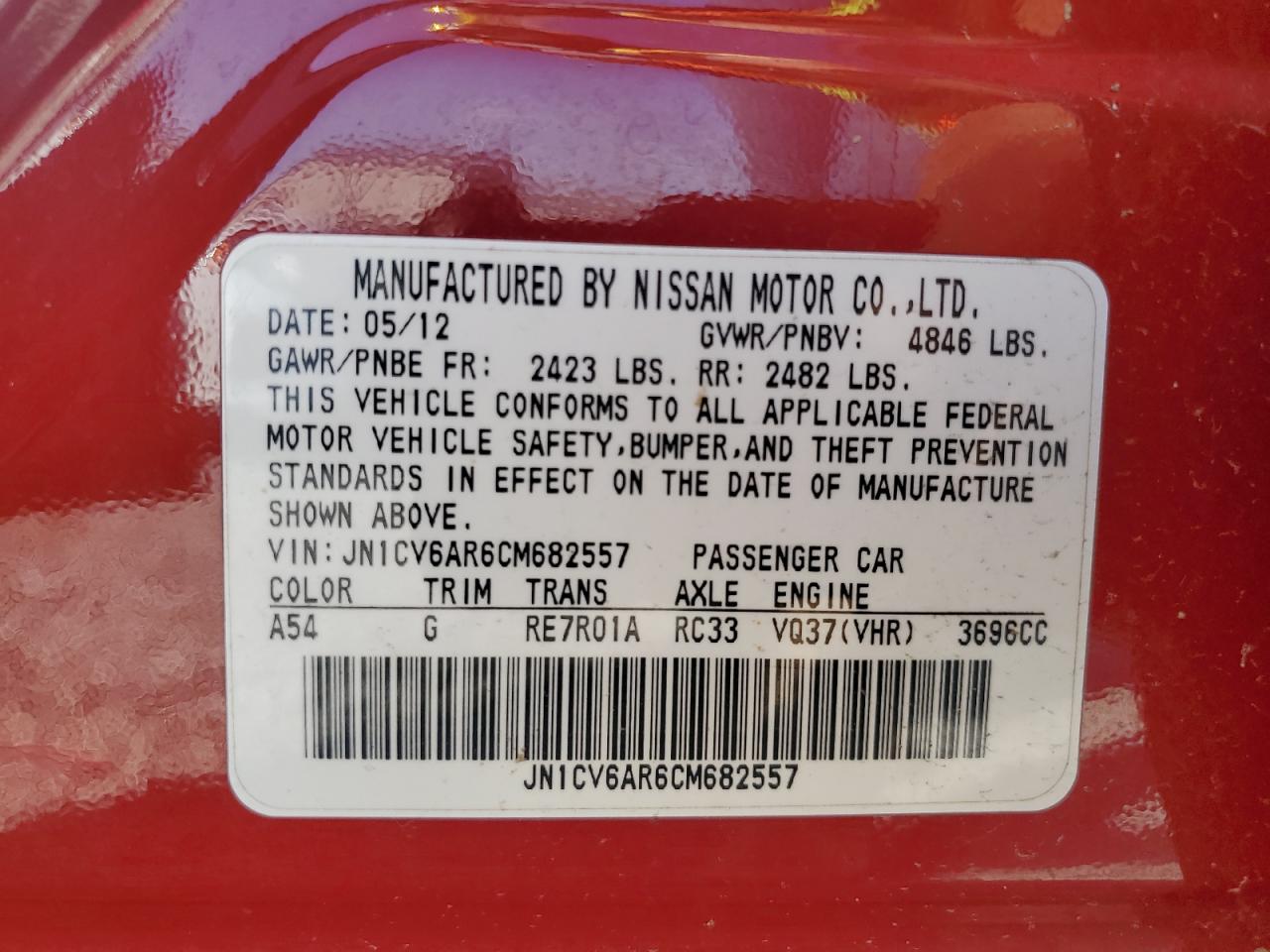 2012 Infiniti G37 VIN: JN1CV6AR6CM682557 Lot: 84215205