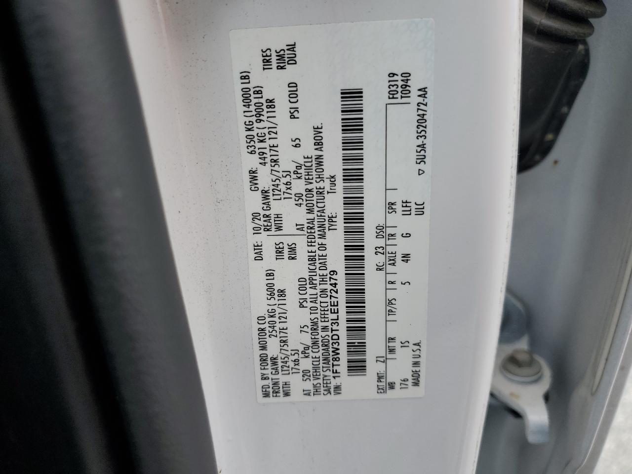 2020 Ford F350 Super Duty VIN: 1FT8W3DT3LEE72479 Lot: 85132025