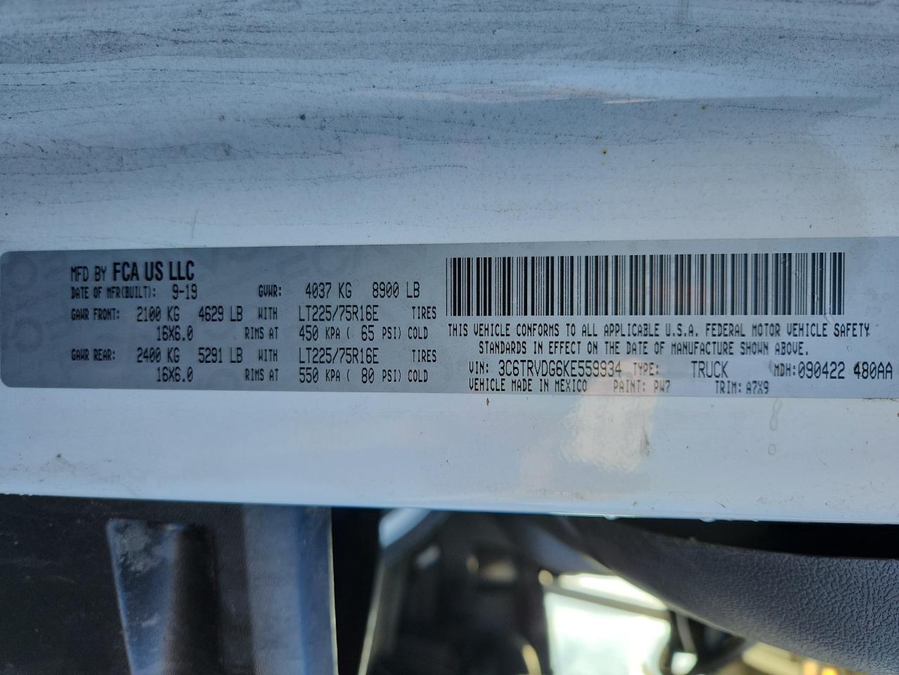 2019 Ram Promaster 2500 2500 High VIN: 3C6TRVDG6KE559934 Lot: 85706905