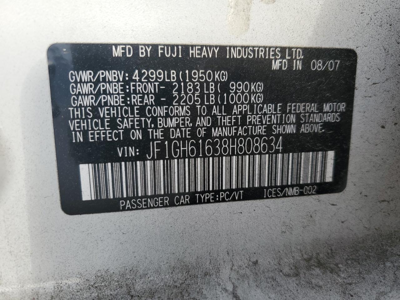 2008 Subaru Impreza 2.5I VIN: JF1GH61638H808634 Lot: 80799965