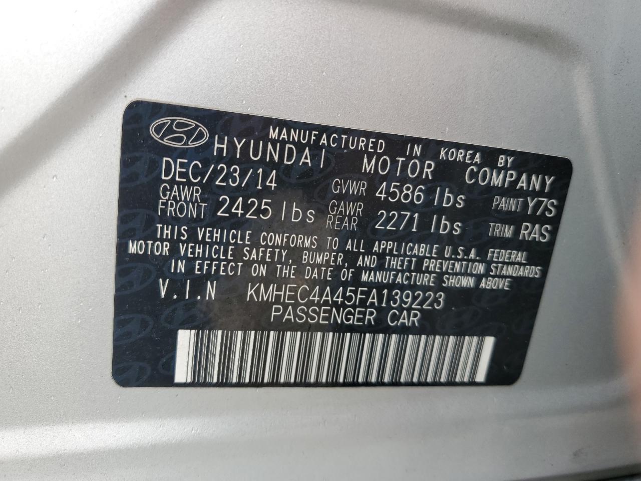 2015 Hyundai Sonata Hybrid VIN: KMHEC4A45FA139223 Lot: 82395835
