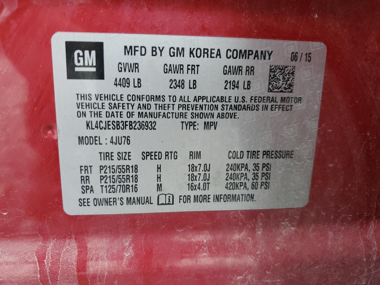 2015 Buick Encore VIN: KL4CJESB3FB236932 Lot: 82271075