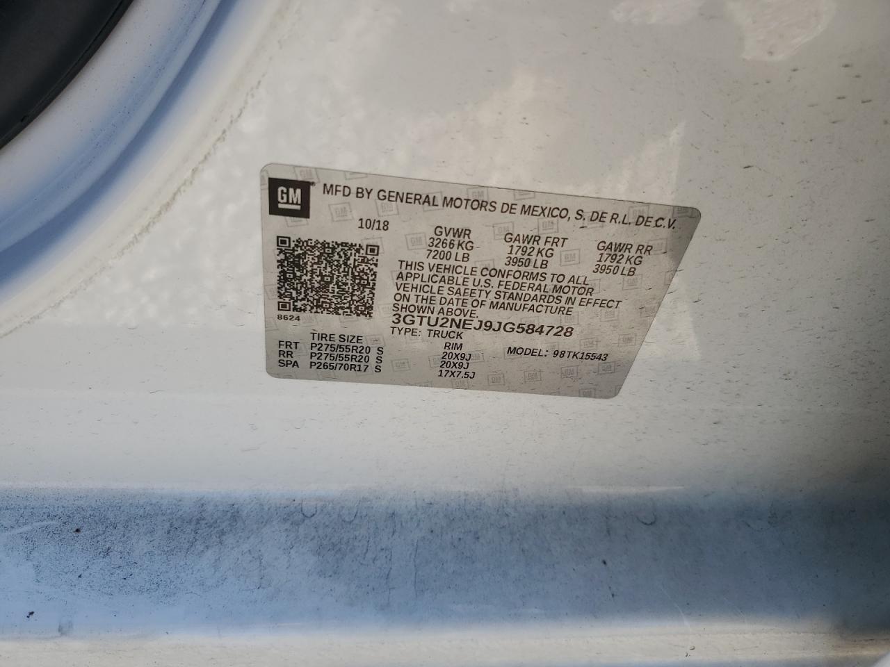 2018 GMC Sierra K1500 Slt VIN: 3GTU2NEJ9JG584728 Lot: 89535915