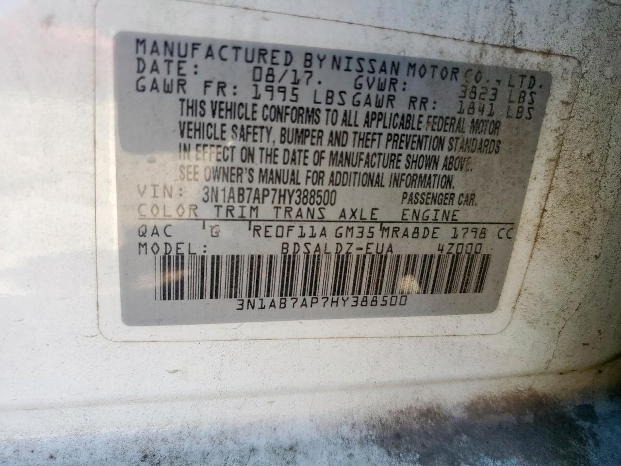 2017 Nissan Sentra S VIN: 3N1AB7AP7HY388500 Lot: 81960955