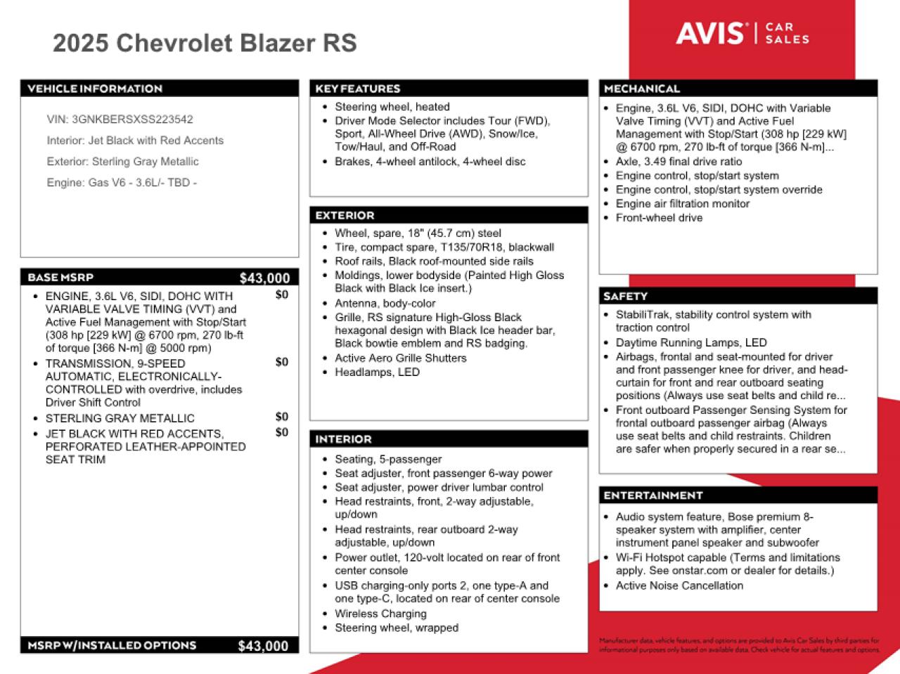 2025 Chevrolet Blazer Rs VIN: 3GNKBERSXSS223542 Lot: 86800395