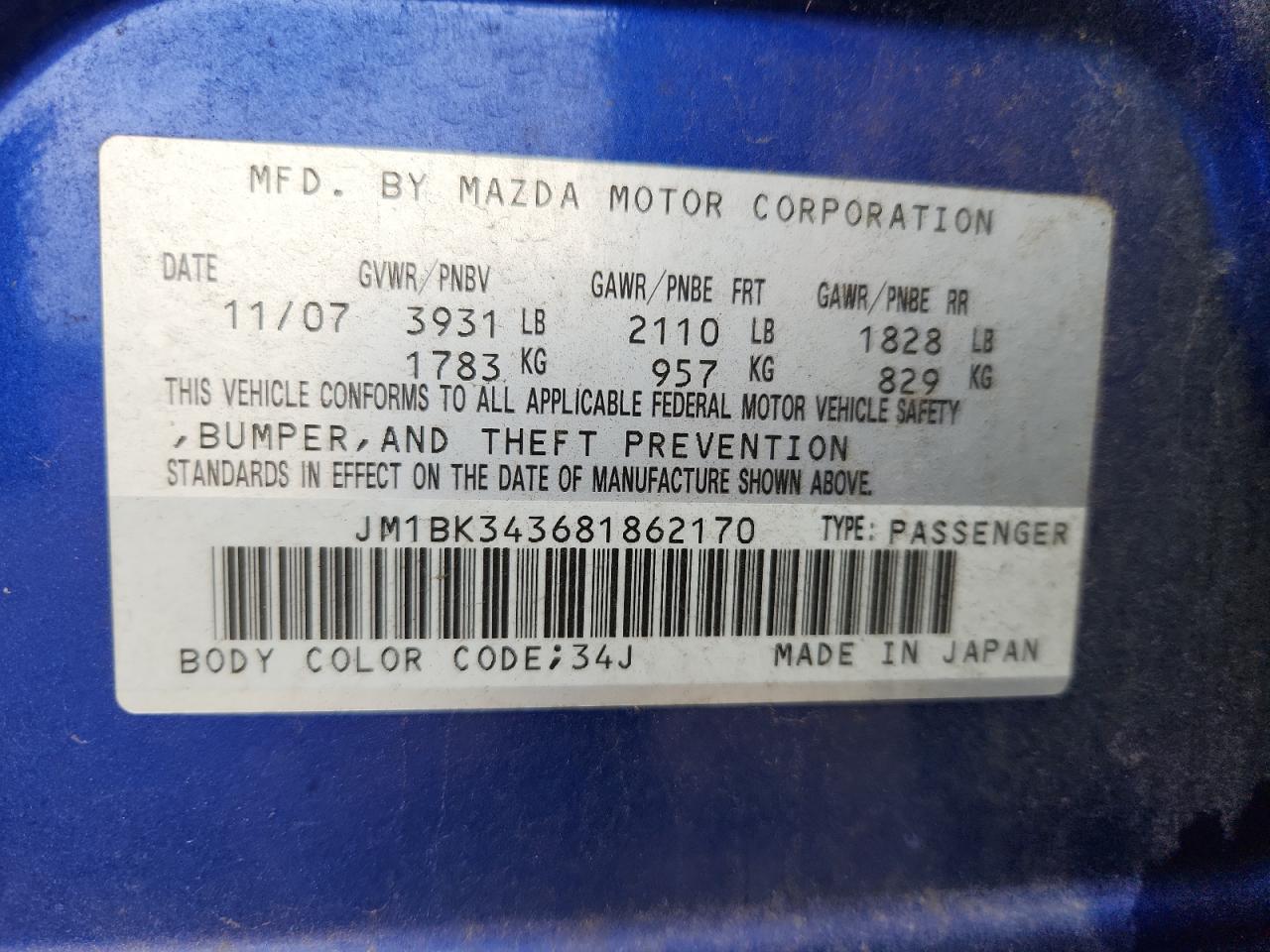 2008 Mazda 3 Hatchback VIN: JM1BK343681862170 Lot: 85329595