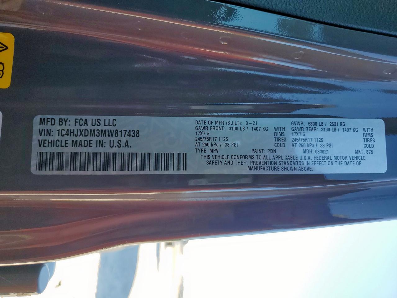 2021 Jeep Wrangler Unlimited Sport VIN: 1C4HJXDM3MW817438 Lot: 84908475