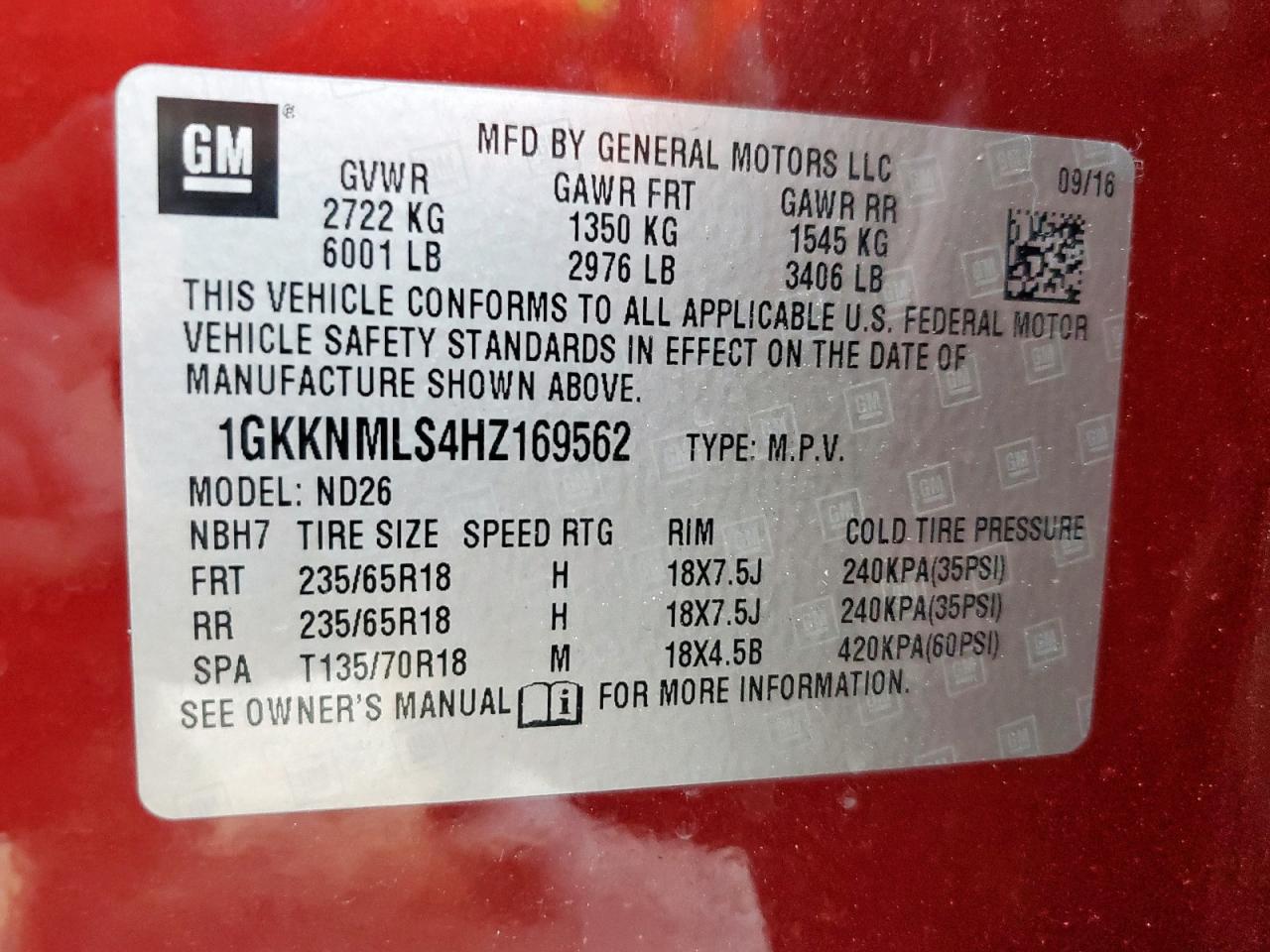 2017 GMC Acadia Slt-1 VIN: 1GKKNMLS4HZ169562 Lot: 82340205