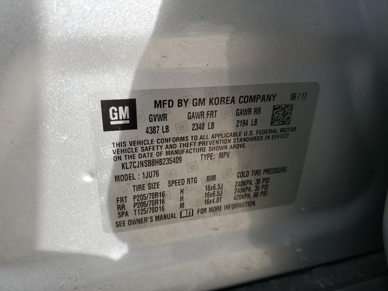 2017 Chevrolet Trax Ls VIN: KL7CJNSB8HB235409 Lot: 82306375