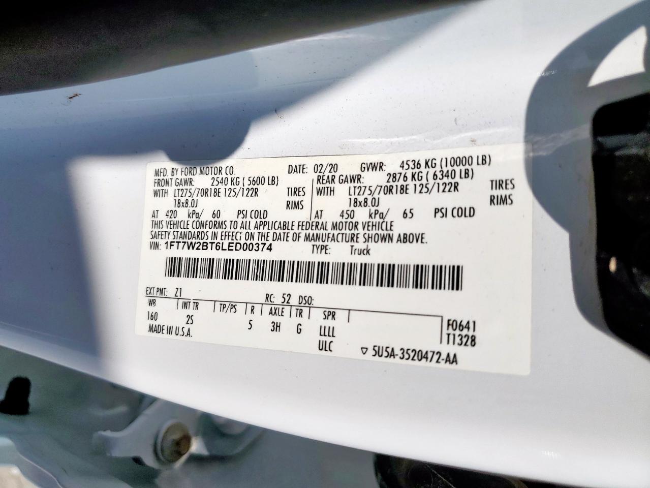 2020 Ford F250 Super Duty VIN: 1FT7W2BT6LED00374 Lot: 85492305