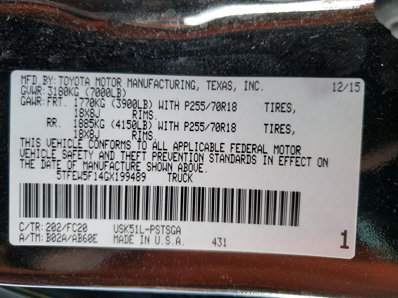 2016 Toyota Tundra Crewmax Sr5 VIN: 5TFEW5F14GX199489 Lot: 85312745