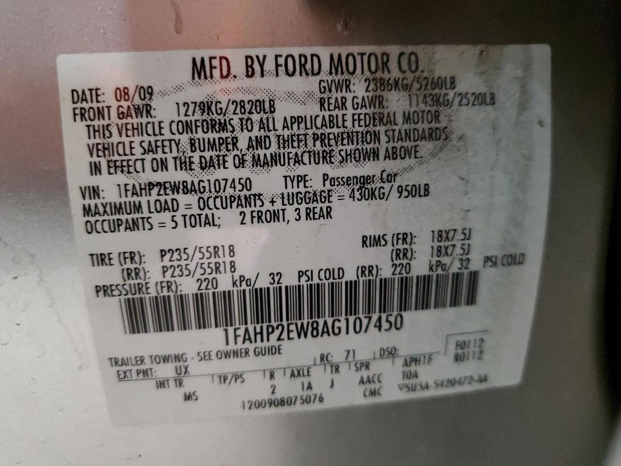 2010 Ford Taurus Sel VIN: 1FAHP2EW8AG107450 Lot: 86086765